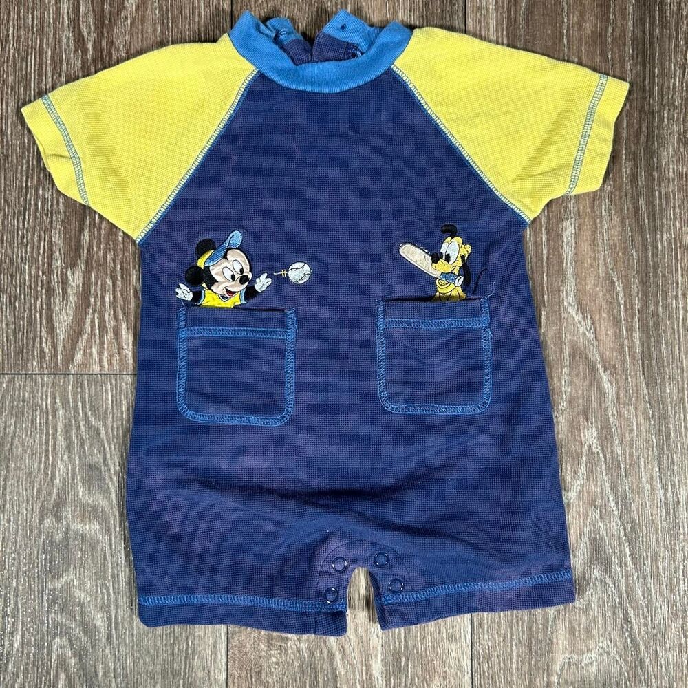 Vintage Disney Baby Mickey Baseball Romper Waffle Knit Embroidered Pockets 6-9M